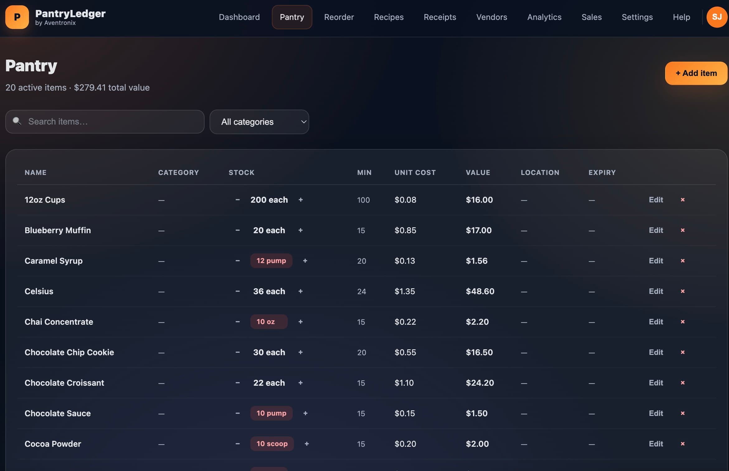 PantryLedger pantry screen showing stock levels