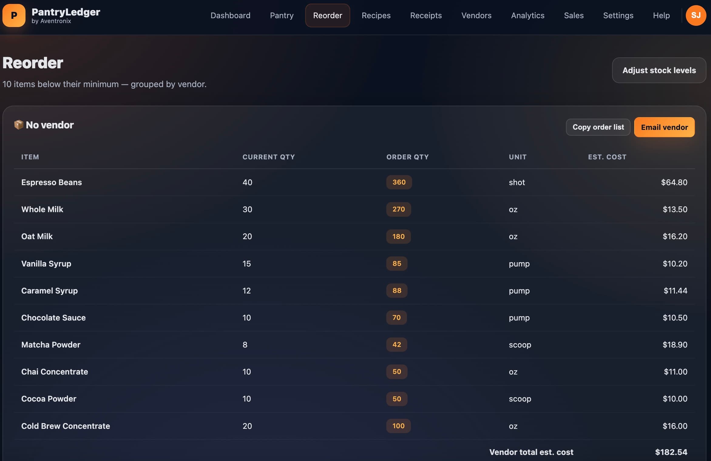 PantryLedger reorder alerts screen